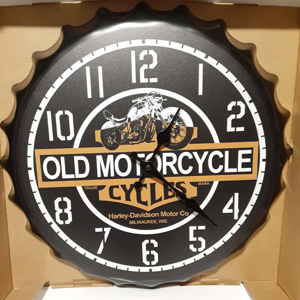 Motorcycle - Large Tin Wall Clock ~ Bottle Cap Shape ~ New in Box